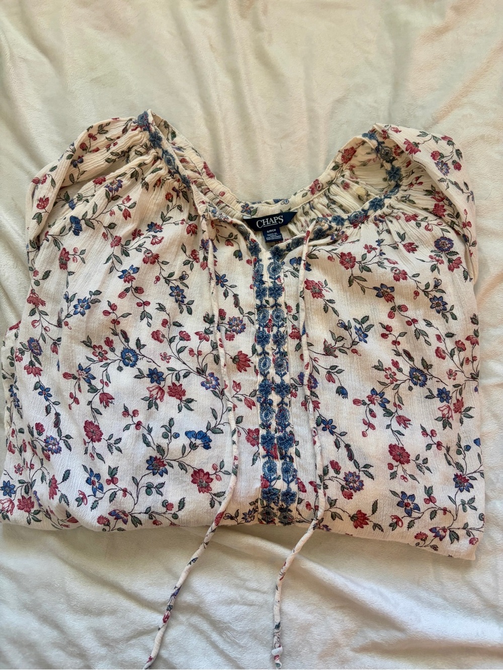 Chaps Cream Floral Peasant Blouse with Blue Trim - Picture 6 of 7
